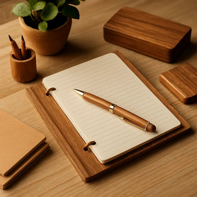 Stylos et carnets en bois, apportant une touche naturelle et authentique à l’écriture.